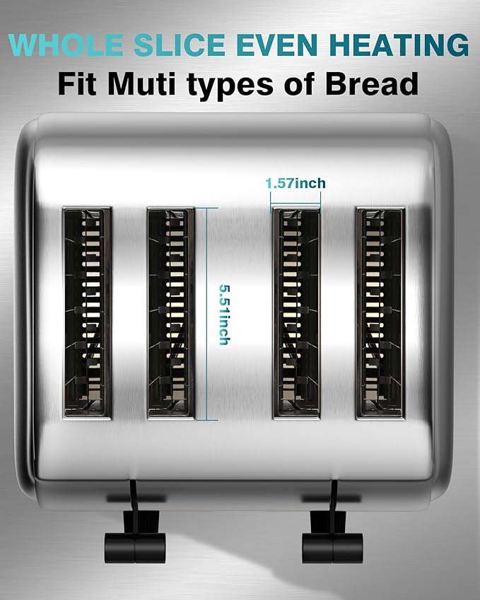 WantJoin Commercial 4-Slice Toaster, 1800W 225 Slices/Hour with 1.57 Inch Wide Slots, 6-Level Setting & Removable Crumb Tray, Stainless Steel for Restaurant Breakfast (Bread, Bagels)