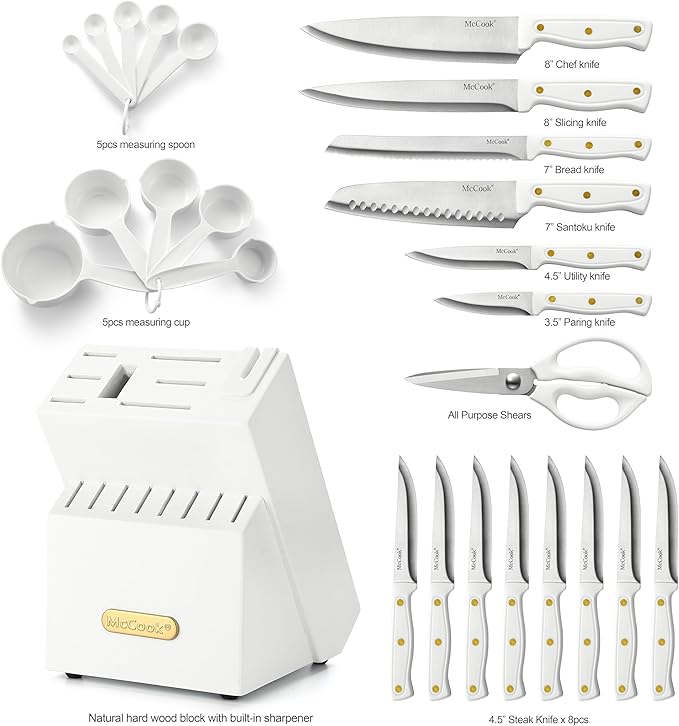 McCook짰 Knife Sets, White High Carbon Stainless Steel Kitchen Knife Sets with with Built-in Sharpener