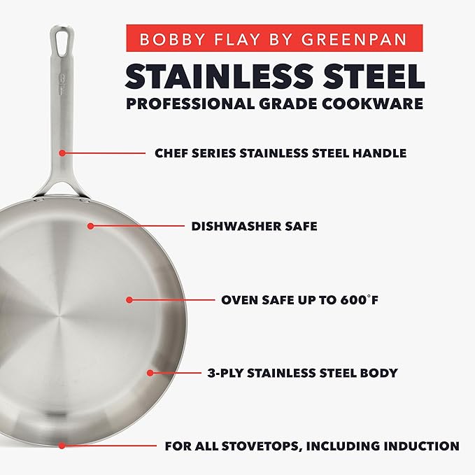 GreenPan x Bobby Flay Stainless Steel 10??& 12??Frying Pan Skillet Set, Induction Compatible, Durable, Dishwasher Safe, Oven & Broiler Safe 400째F, Tri Ply Clad Pans, Heat Responsive Core, 2-Piece Set