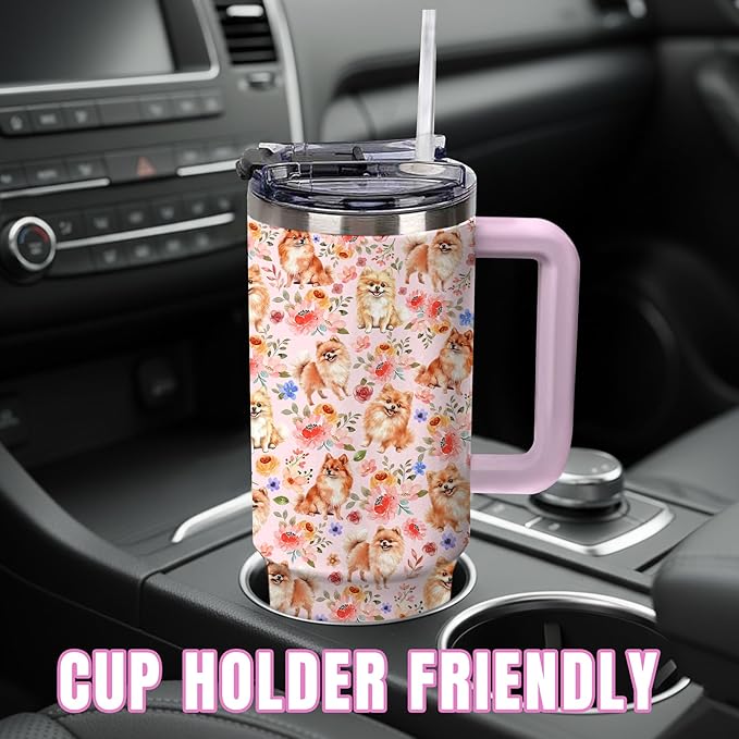 Yogusut Pomeranian Gifts for Women, 40oz Stainless Steel Insulated Tumbler Travel Mug Cup with Handle Straw, Gifts for Dog Mom Dog Lover