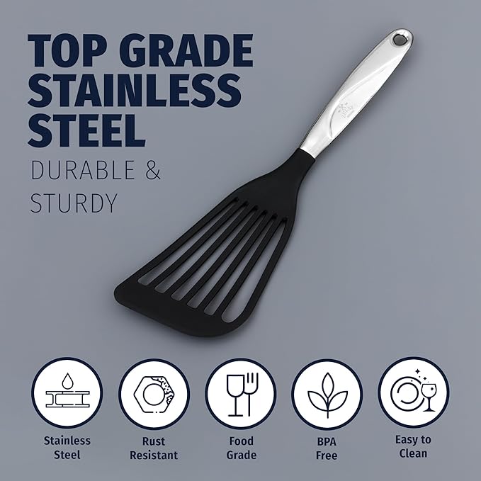 Zulay Kitchen Stainless Steel Fish Spatula - 12.8??Flexible Slotted Turner for Cooking & Frying - Ergonomic Handle, Non-Stick Safe & Dishwasher Safe Kitchen Utensil for Everyday Use