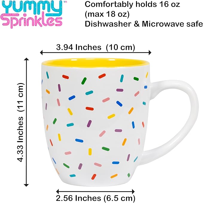 Daffodil Yellow Cute Coffee Mug with Rainbow Sprinkles | Birthday Cake Coffee Cup Gift | Large White Ceramic Cup | Ice cream and Dunkin Donuts Coffee Mugs