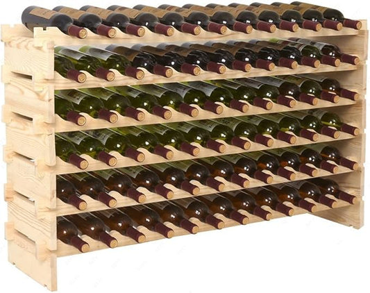 FixtureDisplays짰 51 X 12 X 26" Stackable Modular Wine Rack Stackable Storage Stand Display Shelves, Pine Wood, (72 Bottle Capacity, 6 Rows x 12) 16931-NPF
