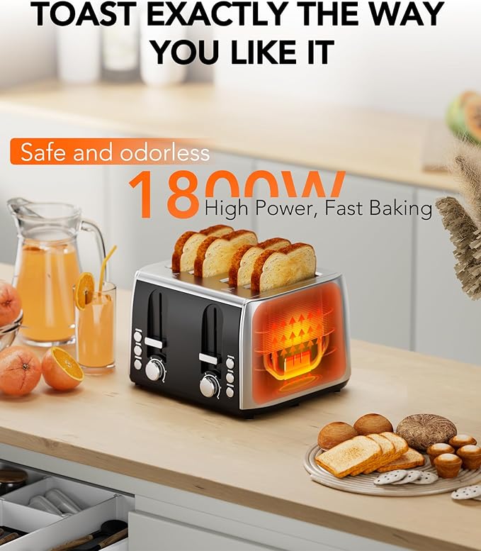 Cowsar 4 Slice Toaster, Compact Toaster with Extra Wide Slots for Toasting Bread, Bagel, Cancel/Bagel/Defrost Function, Dual Independent Controls, 6 Shade Settings, Removable Trays, Brushed Stainless