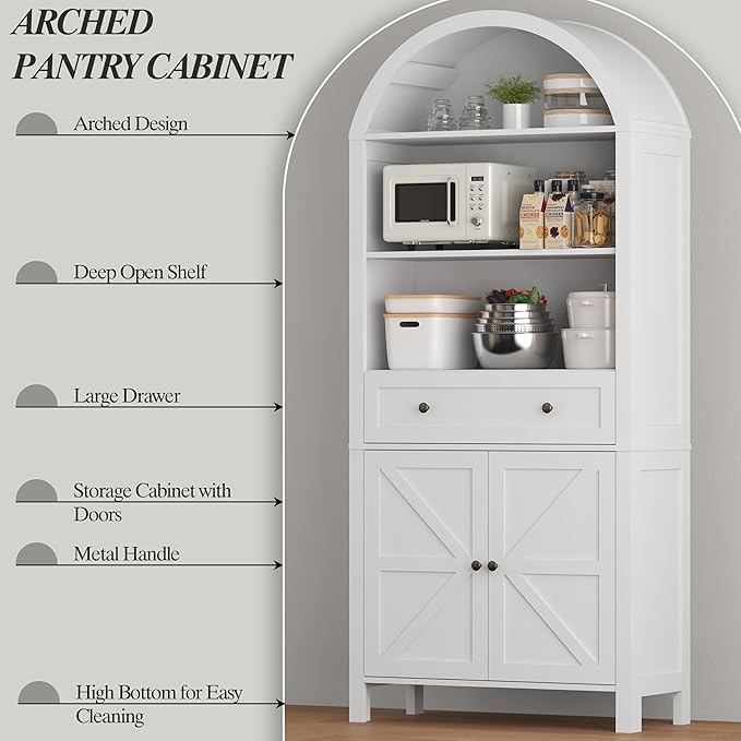 Arched Cabinet with Doors, 71" Tall Freestanding Pantry Cabinet with Large Drawer and 3 Tier Open Shelves, Farmhouse Wood Storage Cabinets, Versatile Cupboard for Kitchen and Dining Room, White