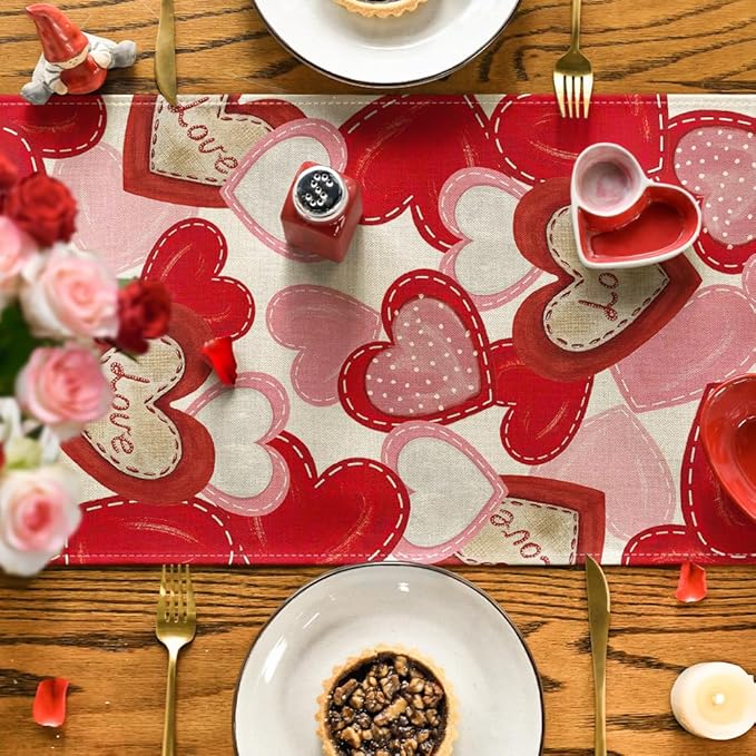 Artoid Mode White Pink Love Heart Valentine's Table Runner, HoliAnniversary Kitchen Dining Table Decoration for Home Party Decor 13x90 Inch