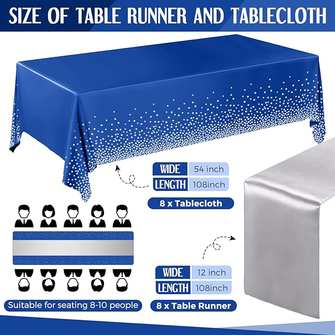 Tudomro 16 Pieces Silver and Dark Blue Disposable Plastic Tablecloths and Satin Table Runner Set 54x108 Inch Tablecloth 12x108 Inch Table Runners for New Year Wedding Birthday Baby Shower Graduation