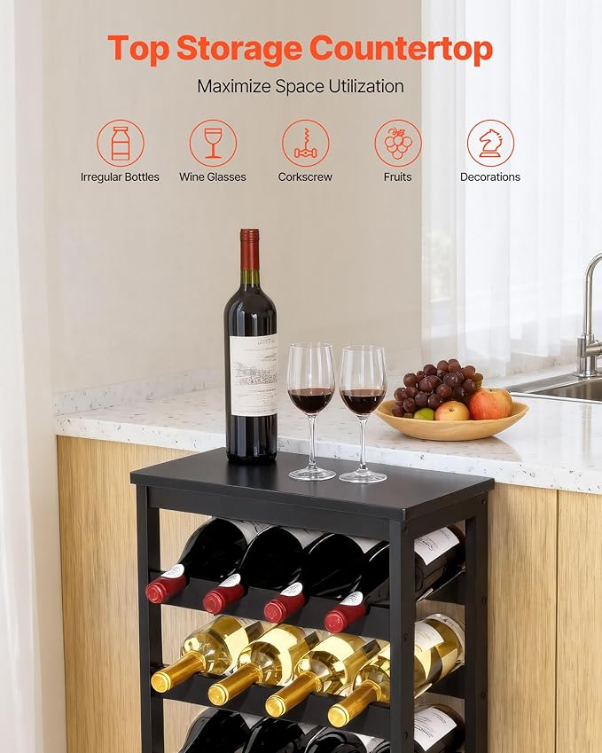 VEVOR 24 Bottle Detachable Wine Rack, 6-Tier Wine Bottle Holder,Solid Bamboo Wood Freestanding Floor Display Wine Storage Shelves with Table Top, for Kitchen,Cellar,Bar,Dining Room,Living Room(Black)