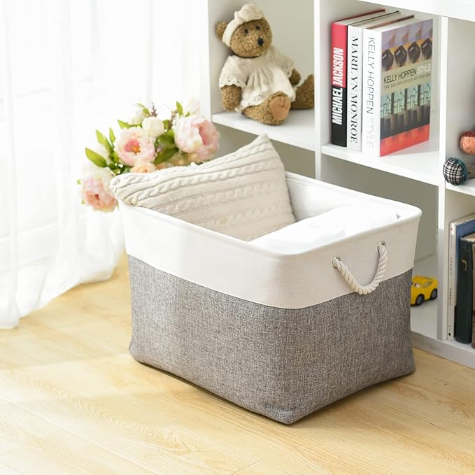 TheWarmHome Storage Bins Baskets for Organizing, 20.5L횞15.7W횞13.8H 3 Pack Sturdy Fabric Storage Basket W/Handles, Decorative Foldable Storage Baskets for Shelves Closet Nursery Toy (White & Grey)