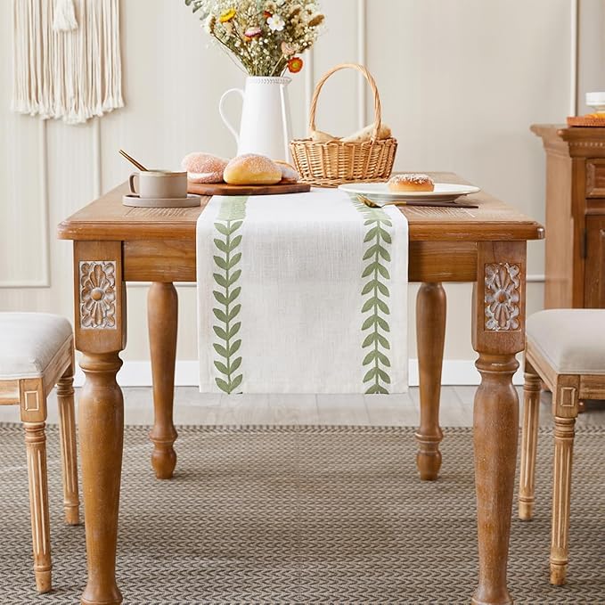 Wracra Embroidered Table Runner Irregular Willow Leaf Table Runners 60 Inches Long for Dresser Home Dining Table Decor,14 x 60 Inch, Light Sage Green