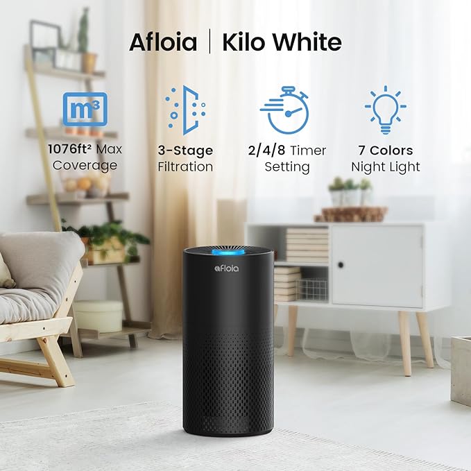 Afloia Air Purifiers for Home Large Room Up to 1076 Ft짼, 3-Stage Filter Air Purifiers for Bedroom 22 dB, Air Purifiers for Pets Dust Dander Mold Pollen Odor Smoke, Kilo Black, 7 Colors Light