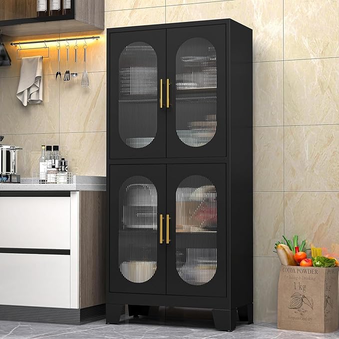 Pantry Cabinet, 61" with Acrylic Glass Doors and Adjustable Shelves, Metal Kitchen Cabinet for Multiple Rooms