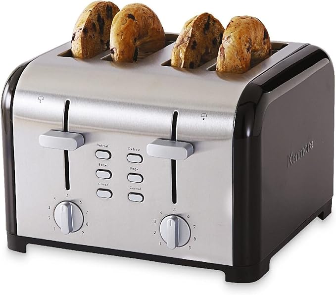 Kenmore Toaster 4 Slice - Extra Wide Slot Countertop Kitchen Appliance, Defrost Function, Grille-Pain, 9 Shade Settings, Easy Clean Crumb Tray, Bread Bagel, Stainless Steel Black
