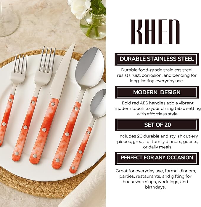 Khen 20-Piece Cutlery Set with Dinner Knives, Forks, Spoons, Salad Forks & Teaspoons ??Durable and Dishwasher Safe Utensil Set for Home, Kitchen, Weddings & Occasions - Blush Storm Pattern Handle