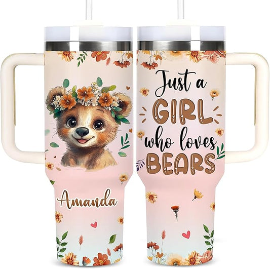 AGGLOMEKC Personalized Cute Bear Cup - Mother's Day Birthday Gift For Animal Lovers - Just A Girl Who Loves Bear Tumbler 40oz With Custom Name - Pet Lover Gifts For Women, Her