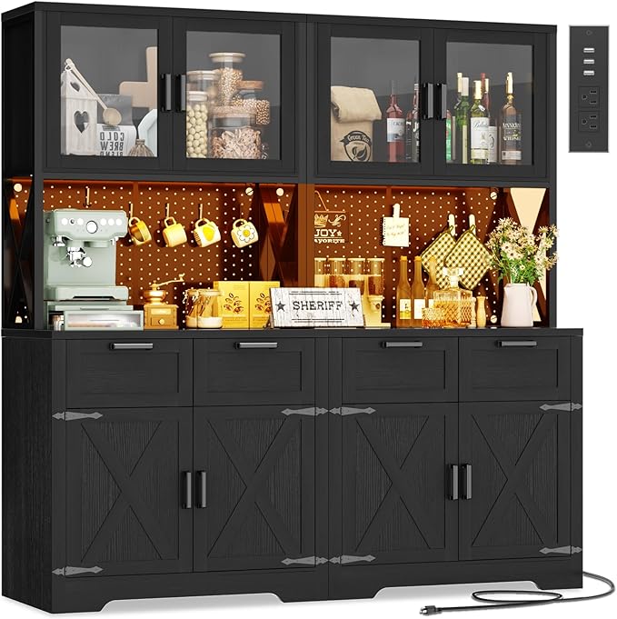Unikito 71" Tall Kitchen Pantry Storage Cabinet with LED Light & Outlet, 63" Wide Kitchen Hutch Cabinet with Large Countertop, DIY Pegboard and Drawers, Farmhouse Food Pantry for Living Room, Black