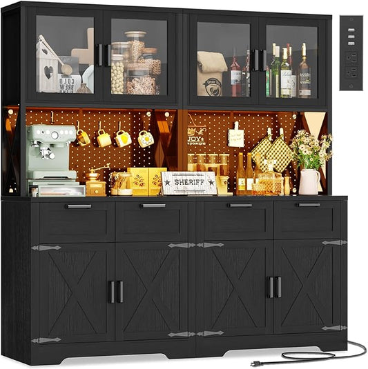 Unikito 71" Tall Kitchen Pantry Storage Cabinet with LED Light & Outlet, 63" Wide Kitchen Hutch Cabinet with Large Countertop, DIY Pegboard and Drawers, Farmhouse Food Pantry for Living Room, Black