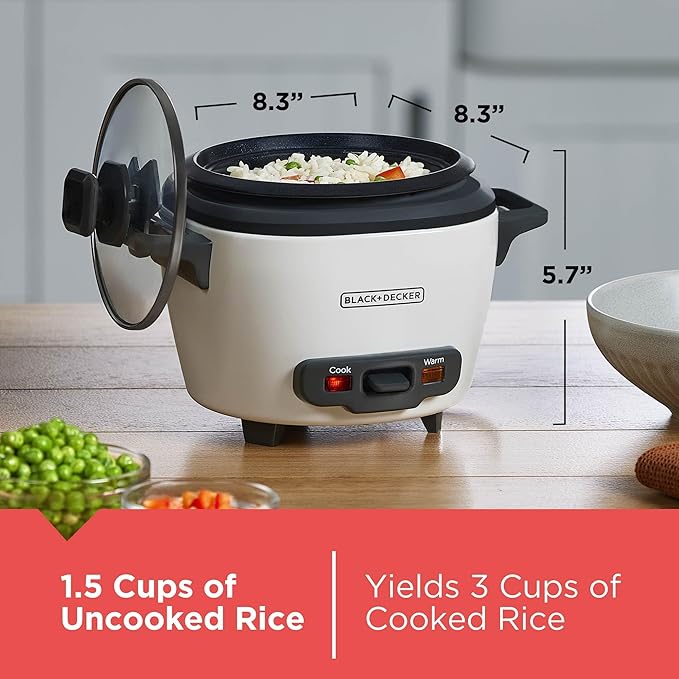 BLACK+DECKER 3-Cup Rice Cooker, RC503, 1.5-cup Uncooked Rice, Steaming Basket, Removable Non-Stick Bowl, One Touch, White