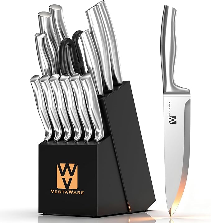 Vestaware Knife Set, 14 Pcs Kitchen Knife Block Set, Japanese High Carbon Stainless Steel Knives Set for Kitchen, Razor-Sharp Chef Knife Set, Gifts for Men