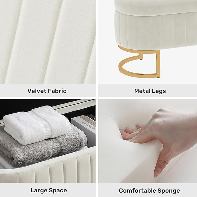 VIROL 51 Inch Storage Ottoman Bench Velvet End of Bed Storage Bench King Size Upholstered Tufted Bench Large Space for Bedroom Living Room Entryway Beige
