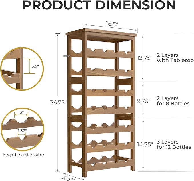 28-Bottle Wine Rack Free Standing Floor, Solid Wood 7-Tier Display Wine Storage Shelves with Tabletop, Wobble-Free Bottle Holder for Cellar Kitchen Bar Dining Room Living Room, Light Brown
