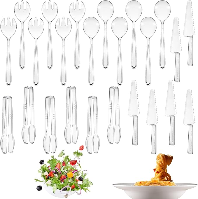 24 Pcs Disposable Plastic Serving Utensils Set 6 Each 9.7" Serving Spoons Forks 9.5" Knife and 6.3" Tongs for Christmas Family Gatherings Food Cake Birthday Party Buffet Cutlery(Clear)