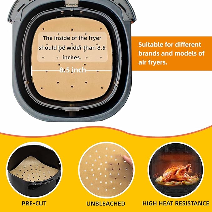 Katbite 200Pcs 8.5 inch Air Fryer Parchment Paper Liners, Unbleached Air Fryer Paper Liners Disposable竊똍on-Stick & Heavy Duty Square Perforated Parchment Paper for Steamer, Oven, Air Fryer