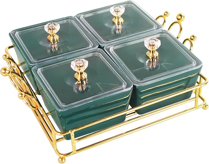 YA JU Ceramic small Snack bowl With Cover Metal Tray, 4 Removable dip bowls are used For Snack, potato chips, fruits, candies, and condiments - Perfect for birthday, parties, Holiday, gift竊똆reen