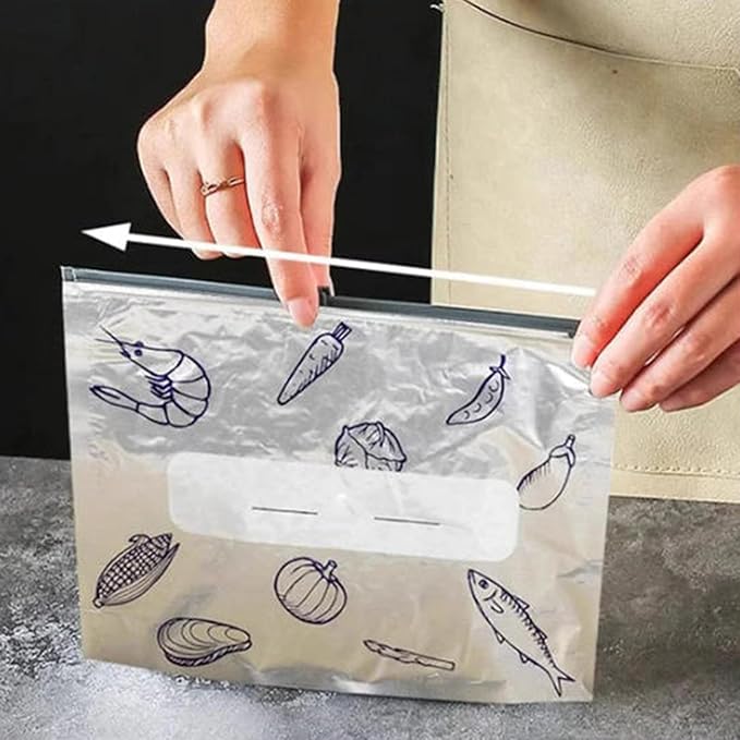 Reusable Aluminum Foil Sealable Storage Bags, 2026 New Resealable Vacuum Zipper Pouches for Food, Stand Up Foil Sealable Bags with Label and Zip Lock for Vegetable Fruit Meat (10Pcs, Small)