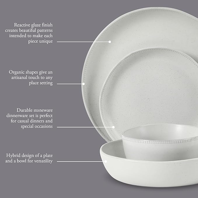 Gibson Elite Menlo Park 16-Piece Pottery Clay Stoneware Dinnerware Set ??White Reactive Glaze, Embossed Plates and Bowls W/Pasta Bowl, Service for 4 ??Microwave & Dishwasher Safe