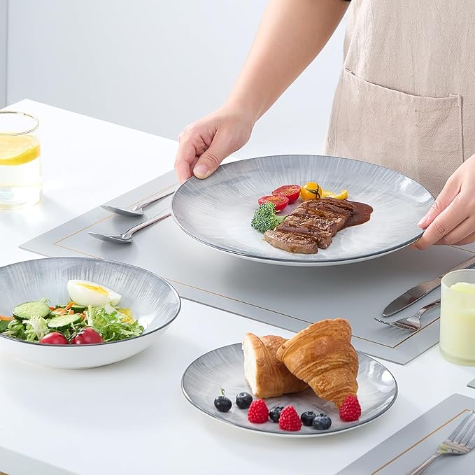 Bestone Porcelain Dinnerware Sets Service for 4, 12 pcs Hand drawn Plates and Bowls Sets, Handmade Ceramic Dish Set, Chip Resistant Modern Plate Set, Dishwasher/Microwave Safe竊똆ray