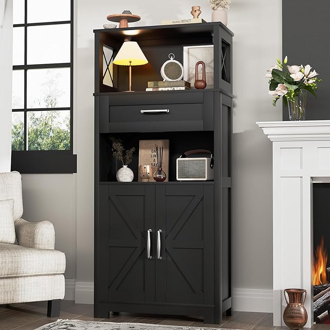 55" Tall Kitchen Pantry, Farmhouse Storage Cabinet with Doors, Shelves and Drawer, Rustic Wood Cupboard for Kitchen, Dining Room (Black)