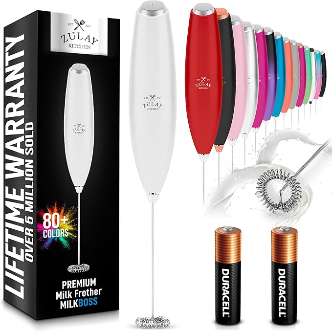 Zulay Kitchen Milk Frother Handheld Electric Whisk with AA Duracell Batteries ??Durable Drink Mixer for Coffee, Lattes, Cappuccinos & More - White