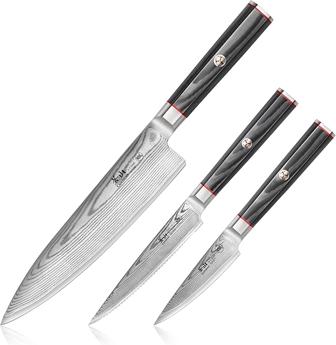 Cangshan YARI Series Starter Knife Set With Ash Wood Box, X-7 Damascus Steel (3-Piece)
