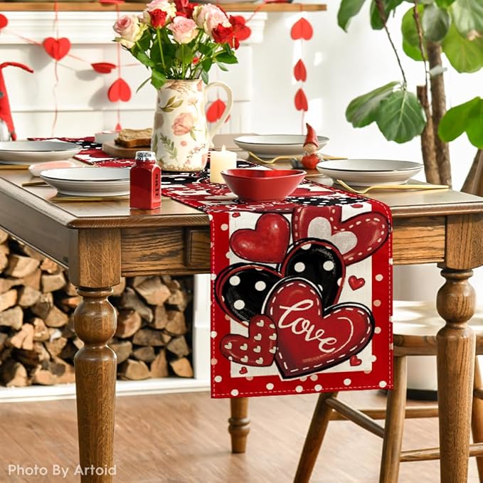 Artoid Mode Red Polka Dot Heart Love Valentine's Table Runner, Anniversary Wedding Kitchen Dining Table Decoration for Home Party Decor 13x48 Inch