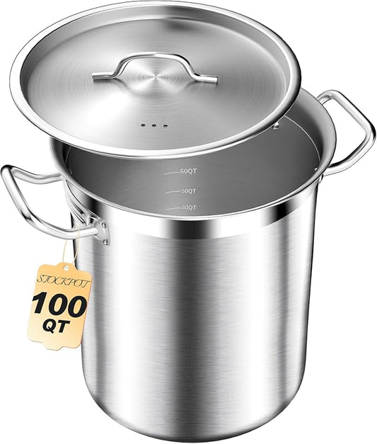 Extra-Large Stainless Steel Stock Pot ??Commercial Heavy Duty Soup Pot with Lid, 3-Ply Base for Fast Heating, Ideal for Seafood Boils and Outdoor Cooking - 100 Quart
