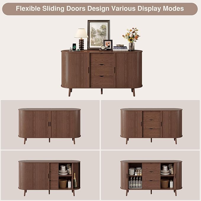 59" Sideboard Buffet Cabinet ,Storage Cabinet with with Charging Station & Drawers & Sliding Door & Adjustable Shelves, Modern Accent Coffee Bar Console Table for Kitchen Entryway, Living Room, Walnut