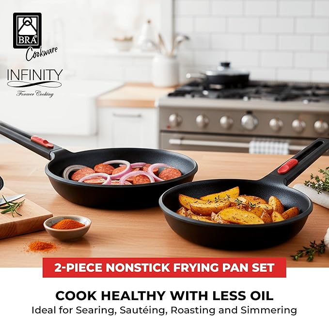 BRA COOKWARE Infinity 2-Piece Nonstick Frying Pan Set | 8 & 10.2 Inch Cast Aluminum Skillet Set | PFOA/PFAS Free Fry Pans | All Cooktops incl. Induction | Oven Safe Searing Skillets