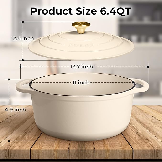 Zulay Kitchen 6 Quart Enameled Cast Iron Dutch Oven Pot with Lid ??Premium Durability & Oven Safe up to 500째F ??Heavy Duty Cookware Perfect for Bread Baking, Stews, Braising & Roasting ??Ivory