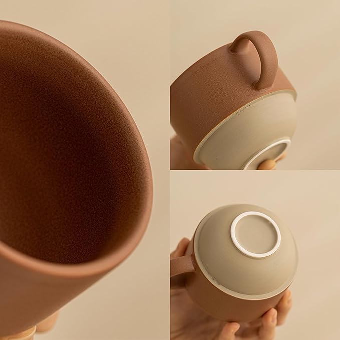 8oz Minimalist Handmade Ceramic Cappuccino Barista Cup with Saucer ??Artisanal Stoneware Espresso Coffee Mug, Lead-Free Latte Art Mug竊똇andmade Pottery tea mug or tea cup (Matte Brown)