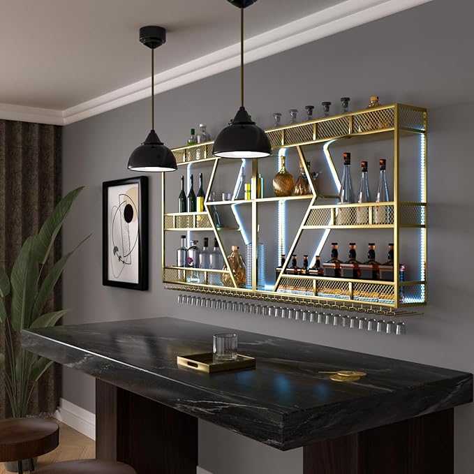 63in Metal Wine Rack Wall Mounted, Modern Wine Storage Rack Wall Mounted with Wine Glass Holder, Liquor Shelf, Bar Shelves for Liquor Bottles (3 Tiers Gold, 63 * 7.87 * 33.85INCH)
