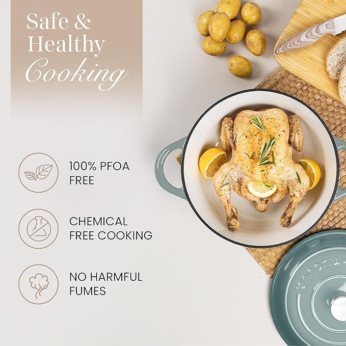 Nuovva Enamelled Cast Iron Dutch Oven Pot with Lid 6.4 Quart Non Stick Casserole Pot ??Heavy Duty & Oven Safe up to 500째 F for Bread Baking, Braising, Stews, Roasting ??28cm Sea Salt