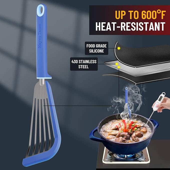 Fish Spatula,600??Heat Resistant Silicone Fish Spatula with Basting Brush,for Nonstick Cookware,Flexible Slotted Fishs Turner Spatulas,BPA Free,Dishwasher Safe(Blue)