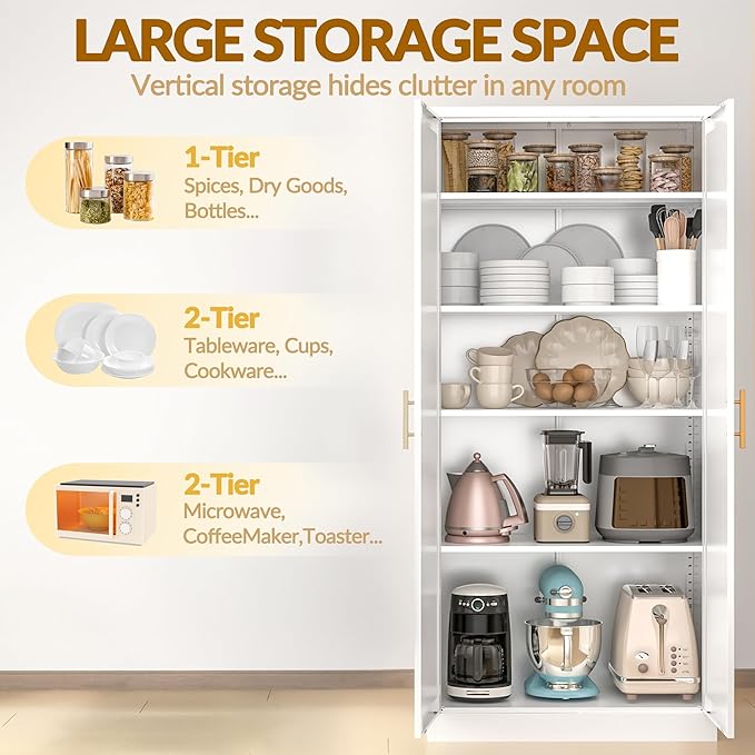 Kitchen Pantry Cabinet,71??Metal Tall Pantry Storage Cabinet with Doors and 4 Adjustable Shelves,Kitchen Storage Cabinets White Freestanding Food Cabinet for Pantries, Kitchen, Livingroom, Dining Room