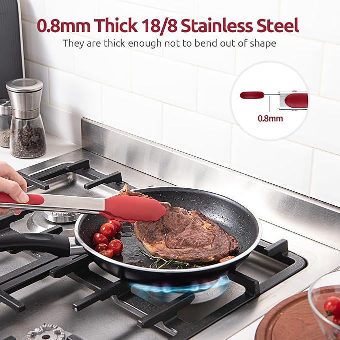 600쨘F Heat Resistant Kitchen Tongs: U-Taste 9+12 inch Silicone Cooking Tong Set with Firm Sealed Non Stick Rubber Tips and Silicon Coated 18/8 Stainless Steel Handle for Serving Grilling Salad(Red)