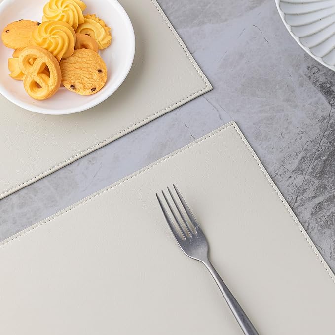 Baroyal Faux Leather Placemats Set of 12 Vinyl Washable Wipeable Table Mats for Kitchen Dining Table Heat Resistant Waterproof Modern Indoor/Outdoor Placemats Non-Slip Easy Clean Place Mat Cream White