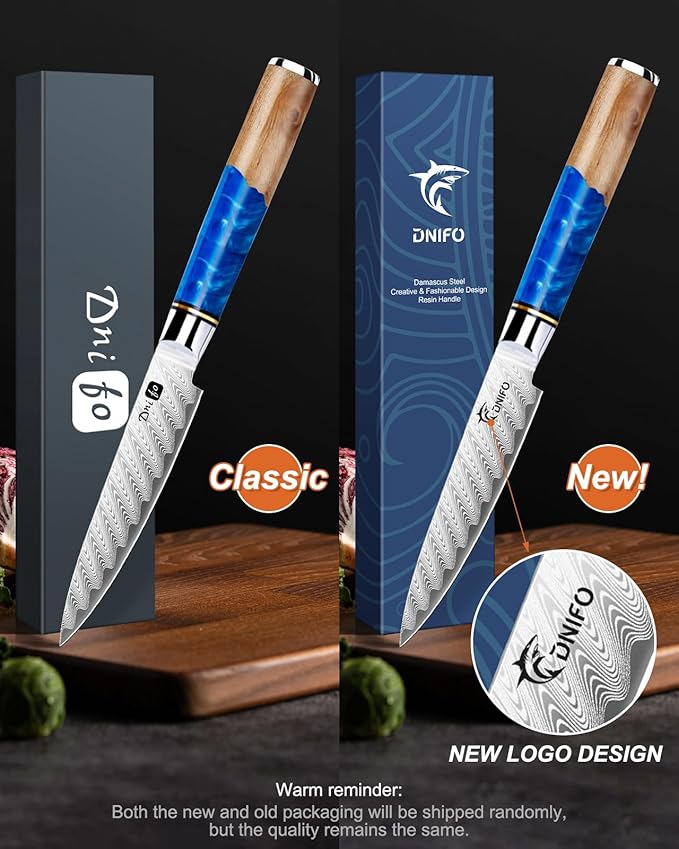 Kitchen Utility Knife 5 Inch, Japanese VG10 Steel Damascus Paring knife, Small Kitchen chef Knife with Gift Box and Resin Wood Handle, Ideal Birthday Gift for Men and Women