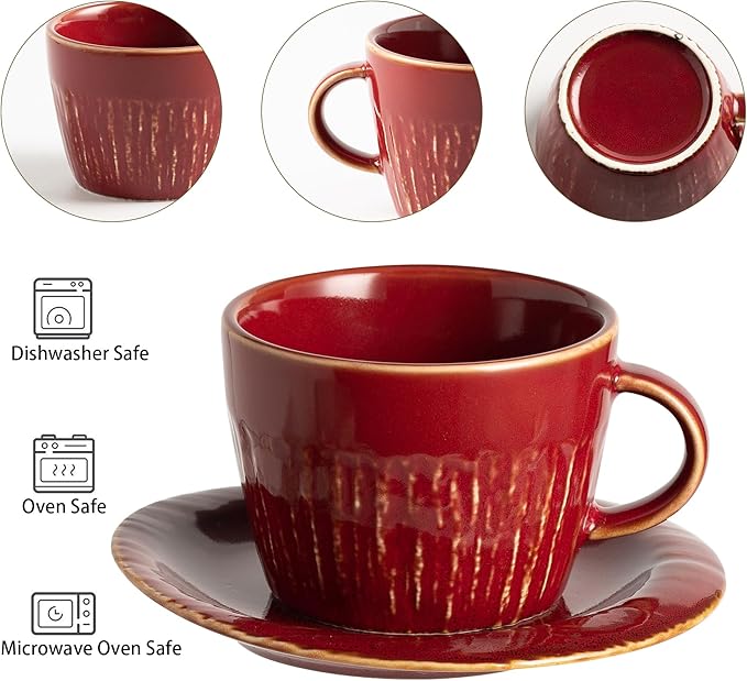 Ceramic Latte Cup with Saucer, 7 oz, Coffee Mug, Espresso Cups for Cappuccino, Milk Tea and Mocha, Dishwasher and Microwave Safe (red)