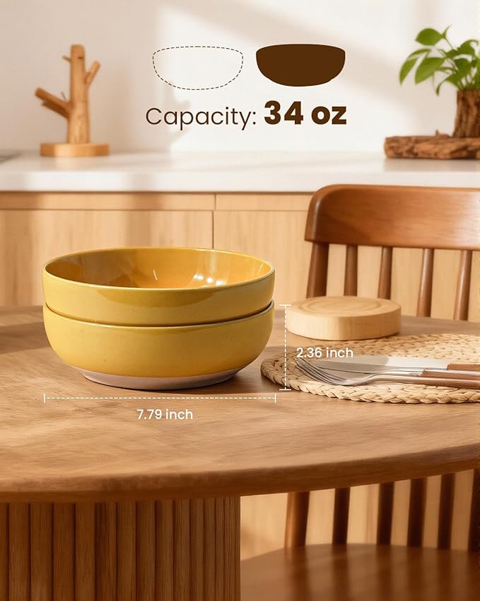 Pasta Bowls Set of 8, 34oz Speckled Ceramic Bowls Set for Serving Salad, Pasta, Soup, Dinner, 8" Wide and Deep Bowls, Dishwasher & Microwave Safe, Matte Terracotta Base (Ginger Yellow)
