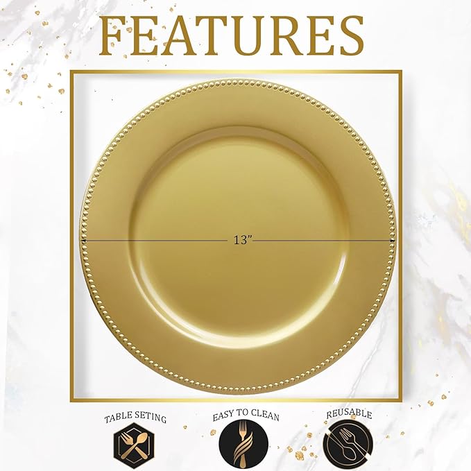 Set of 12 Gold Charger Plates with Beaded. 13" Reusable Plastic Table Chargers for Dinner Plates